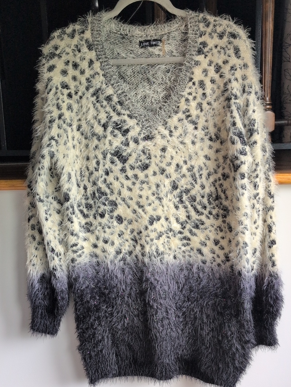 Love Token Cream and Black Fuzzy V-Neck Sweater with Ombre Hem